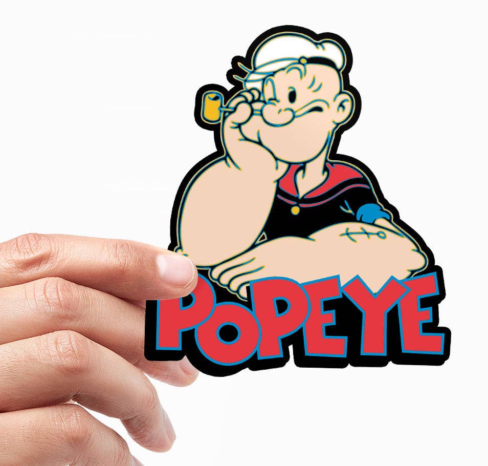 Vinyl sticker of cartoon sailor pose, held by a hand; POPEYE text in red.