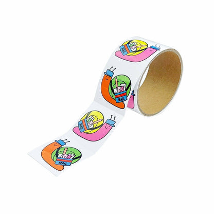 Sticker roll with colorful snail-mail character stickers, pink orange green yellow