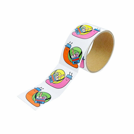 Sticker roll with colorful snail-mail character stickers, pink orange green yellow