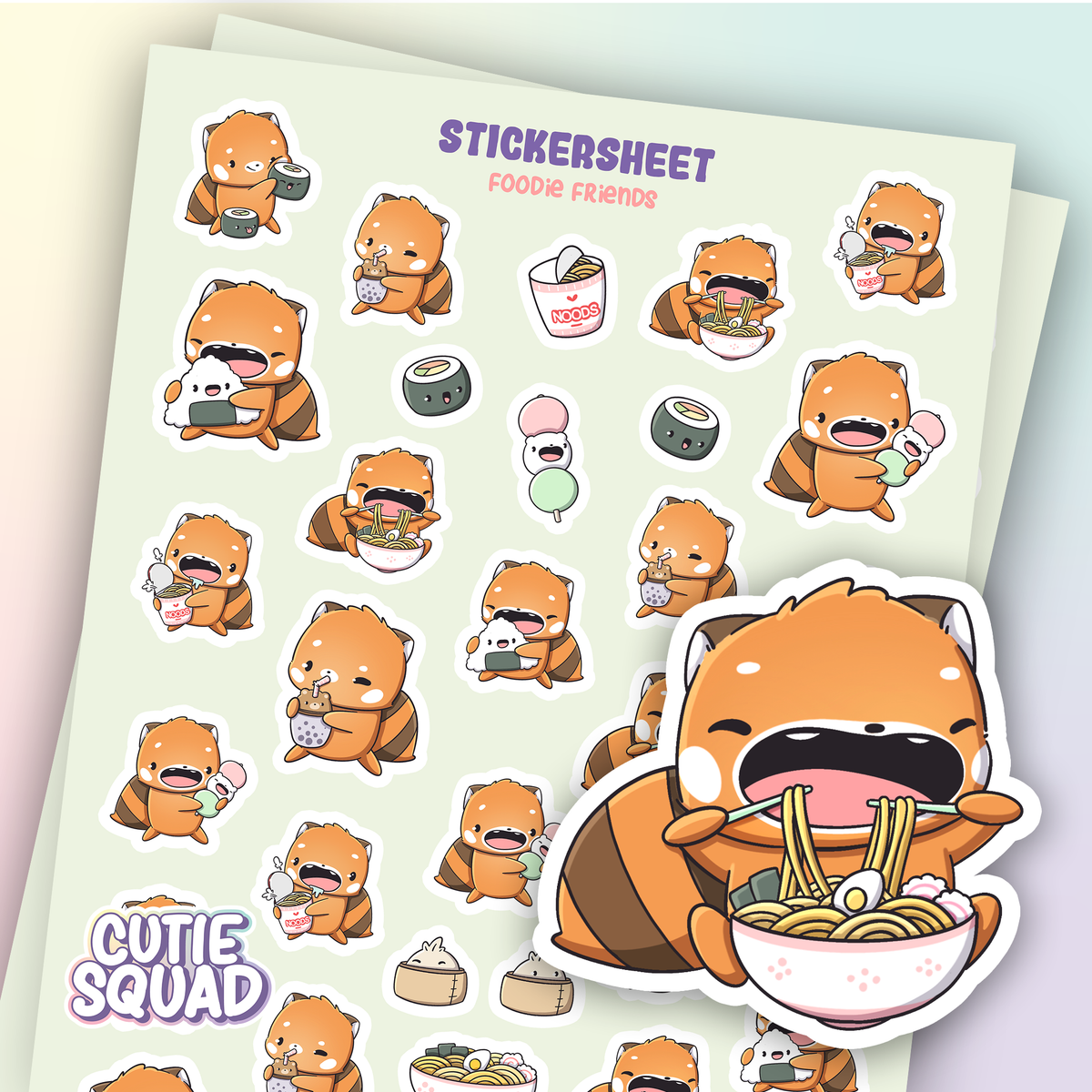 Cute red panda foodie sticker sheet with assorted die-cut character stickers