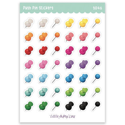 Waterproof push pin sticker sheet featuring colorful heart and flower pin designs