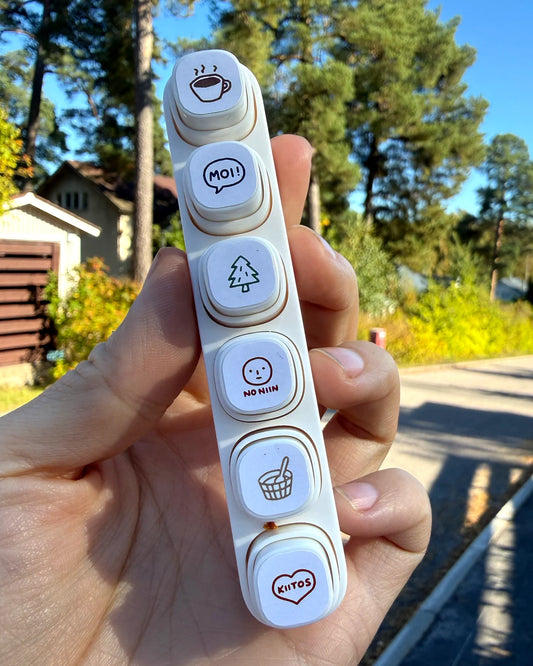 Mini stamp set of 6 round stamps held in hand, coffee and food icons