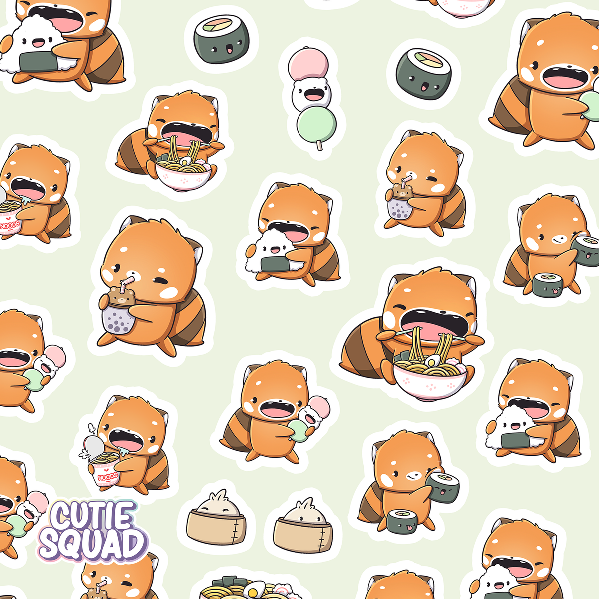 Close-up of red panda foodie sticker sheet showing individual character stickers