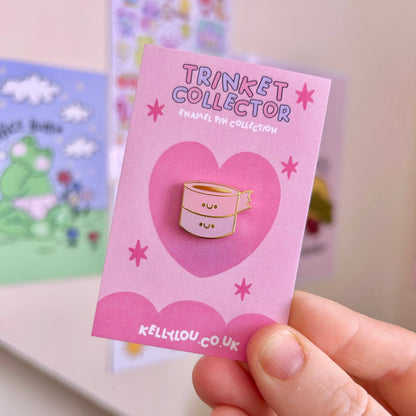 Mini enamel pin on card, cute teacup mug design with gold edges and pink fill