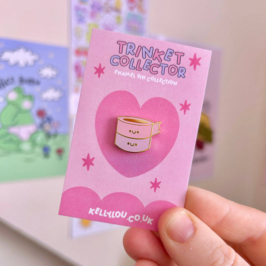 Mini enamel pin on card, cute teacup mug design with gold edges and pink fill