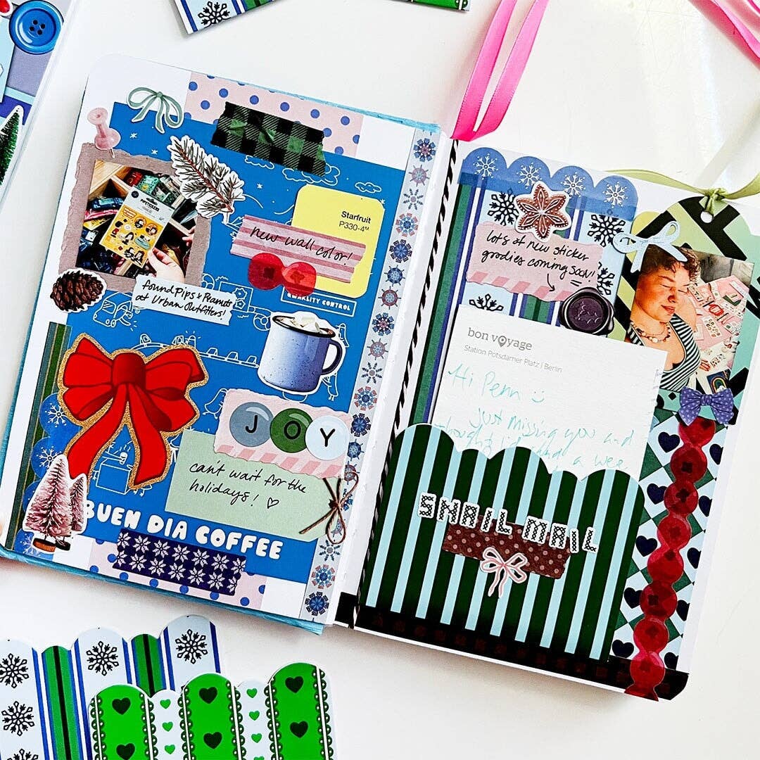 Junk journal sticker book spread with colorful holiday scrapbook sticker designs