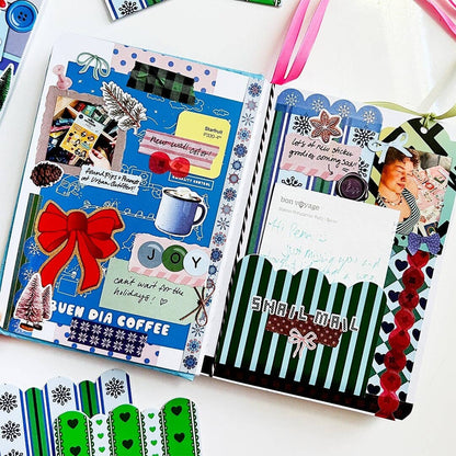 Junk journal sticker book spread with colorful holiday scrapbook sticker designs