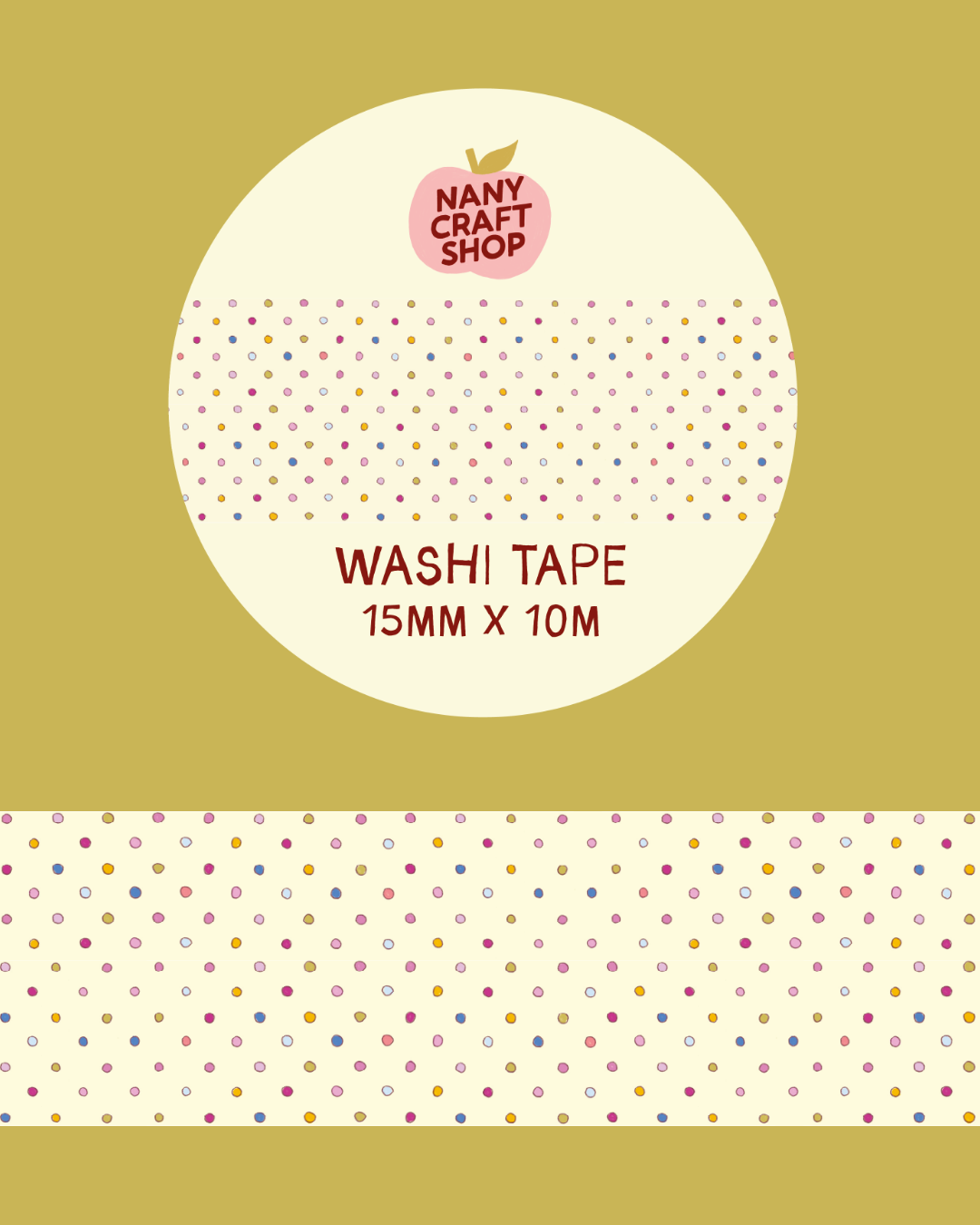 Washi tape roll and beige strip with multicolor polka dots