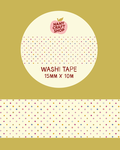 Washi tape roll and beige strip with multicolor polka dots
