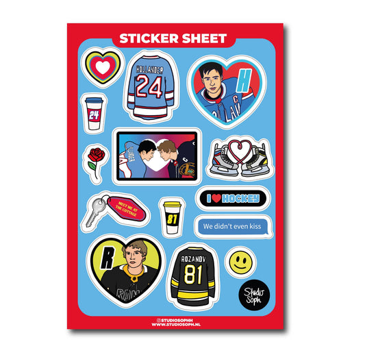 Hockey Romance A5 sticker sheet with hockey and love-themed icons, hearts, jerseys, and logos