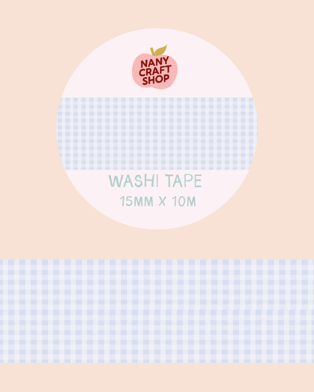 Blue gingham washi tape roll, 15mm x 10m, light blue check pattern.