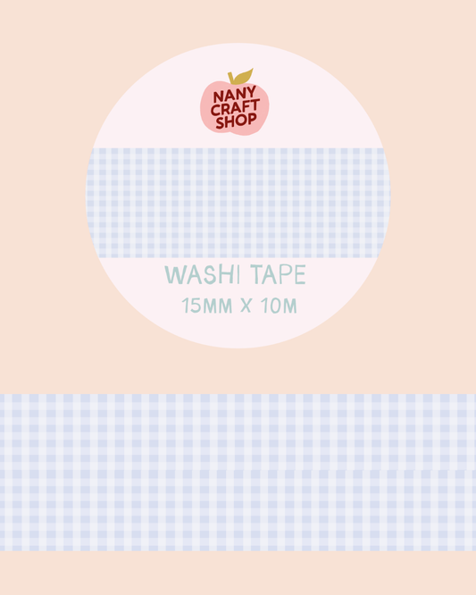 Blue gingham washi tape roll, 15mm x 10m, light blue check pattern.
