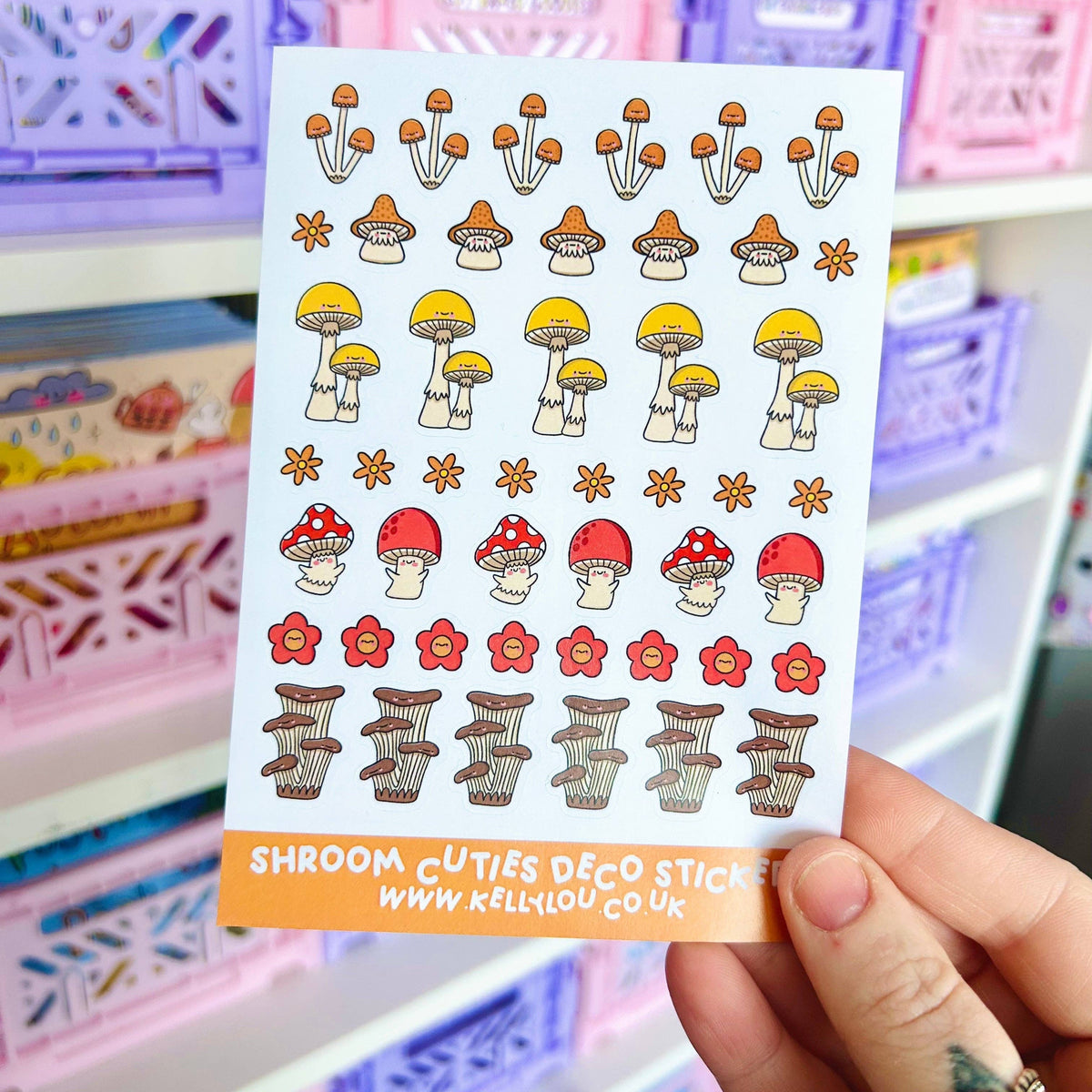 Sticker sheet with cute mushroom and flower decals in red, yellow, and cream tones