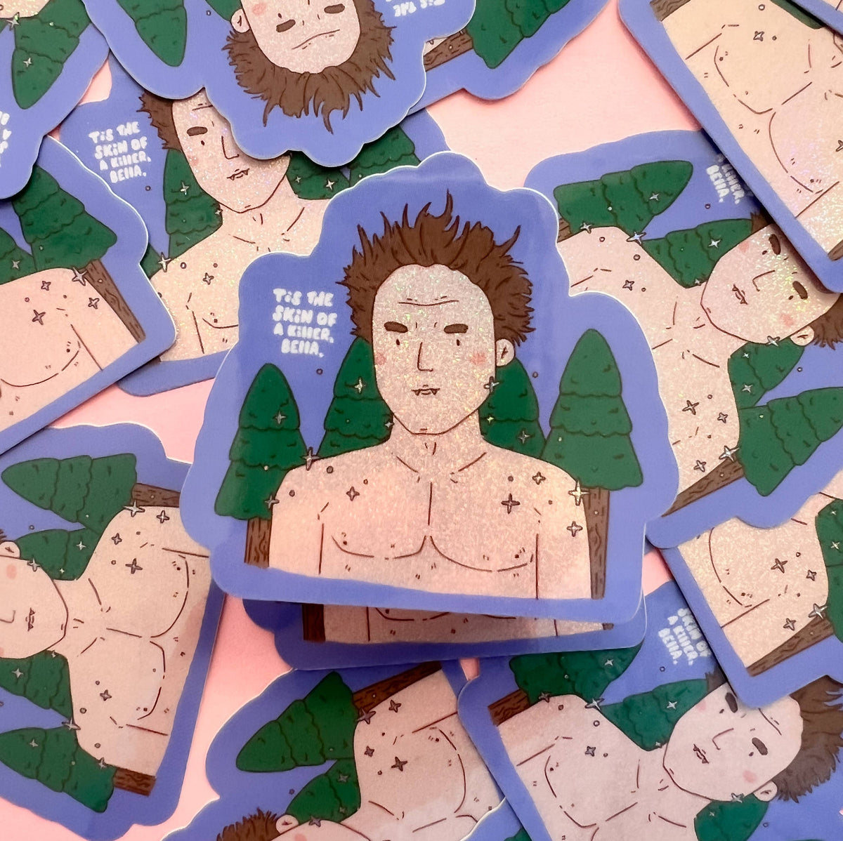 Vinyl sticker with cartoon portrait of a bearded man and green tree shapes