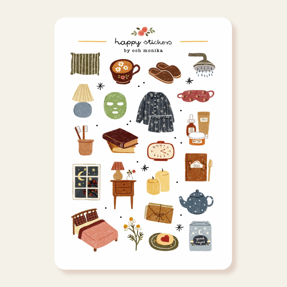 Bedtime sticker sheet with pajamas, teapot, slippers, and bedside table icons