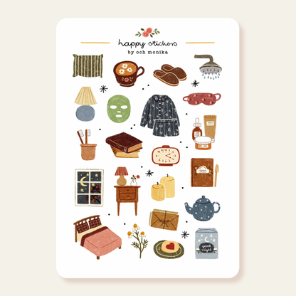 Bedtime sticker sheet with pajamas, teapot, slippers, and bedside table icons