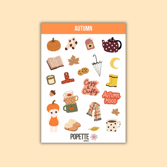 A5 autumn sticker sheet with pumpkin, teapot, mug, book, moon, and girl character