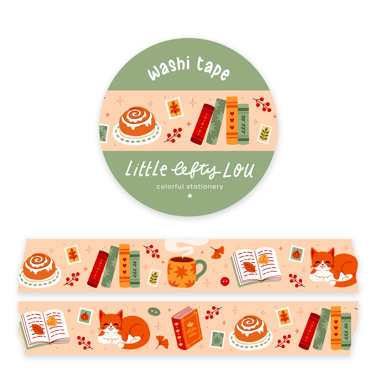 Peach washi tape with books, coffee cups, and fox-cat fall icons in a strip