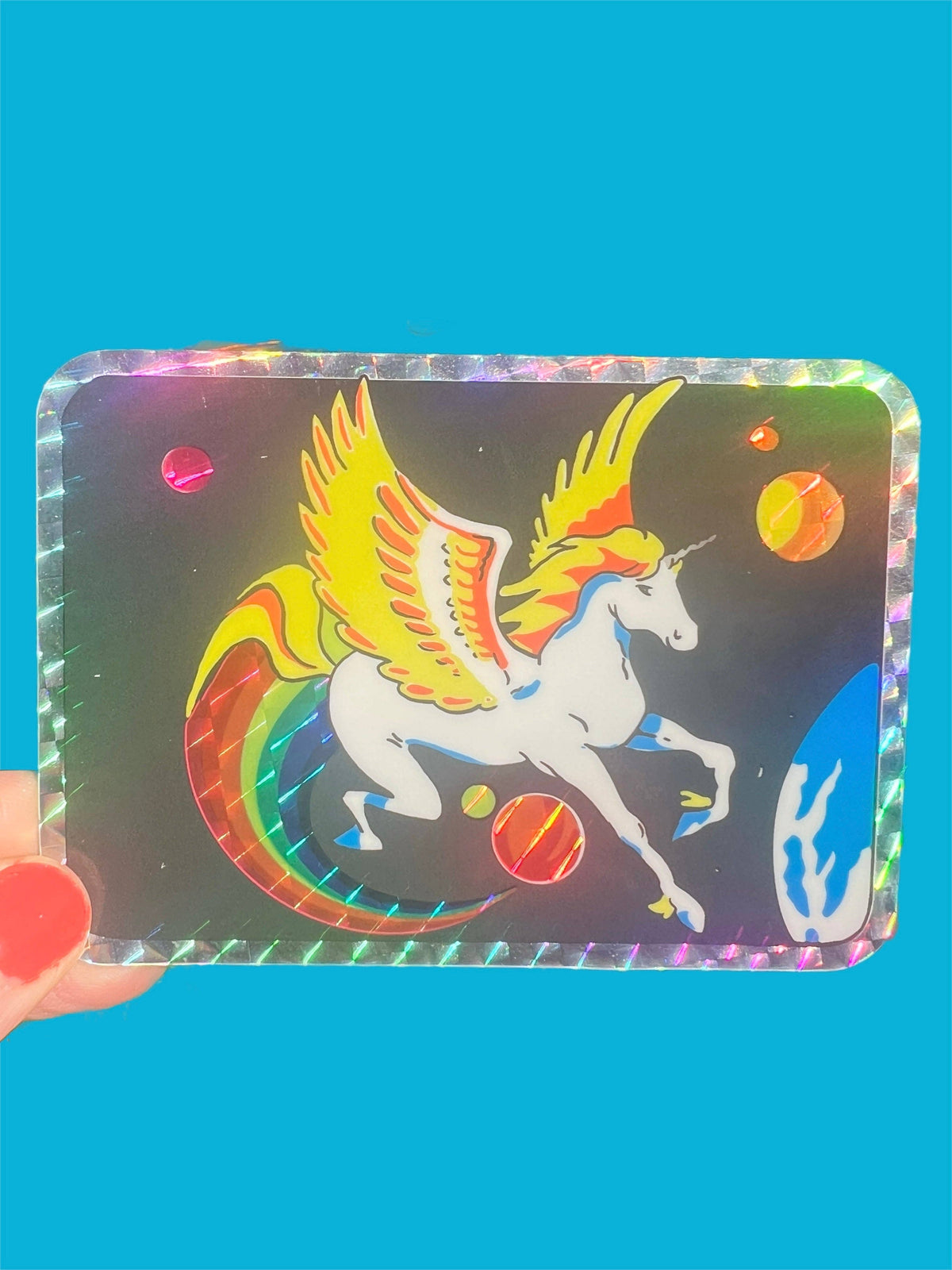 Rectangular holographic pegasus glitter sticker with winged unicorn and rainbow shapes