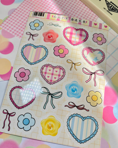 Cute Deco sticker sheet with plaid heart, blue heart, flower, and bow stickers