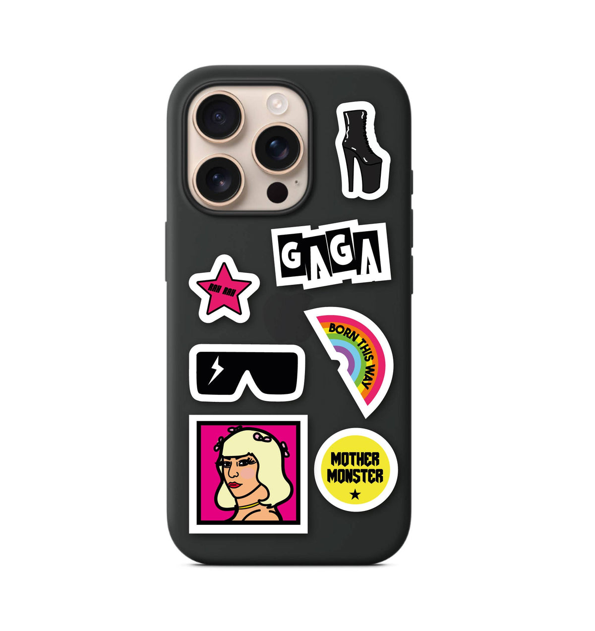 A5 sticker sheet stickers on black phone case with pink star and GAGAN logo