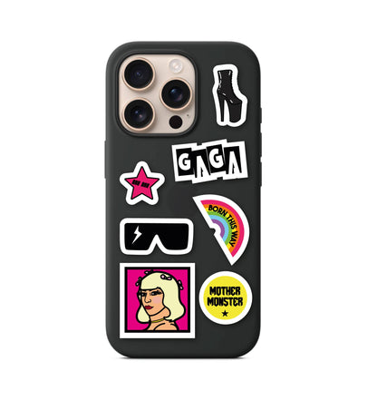 A5 sticker sheet stickers on black phone case with pink star and GAGAN logo