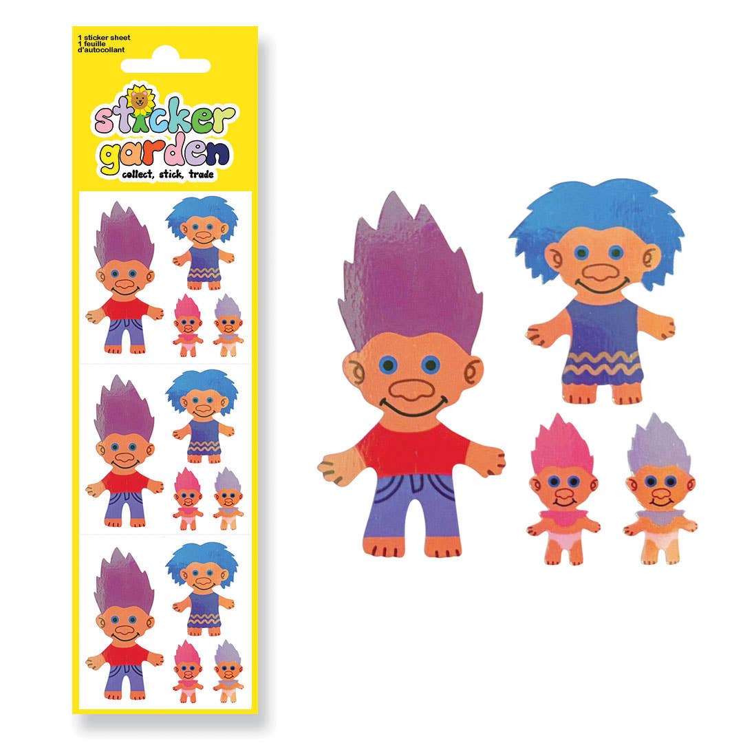 Sticker sheet with vintage troll character stickers, blue-haired and purple-spiked figures
