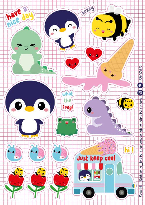Sticker sheet featuring a large penguin face, frog, and ice cream truck with small critters