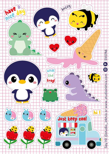 Sticker sheet featuring a large penguin face, frog, and ice cream truck with small critters