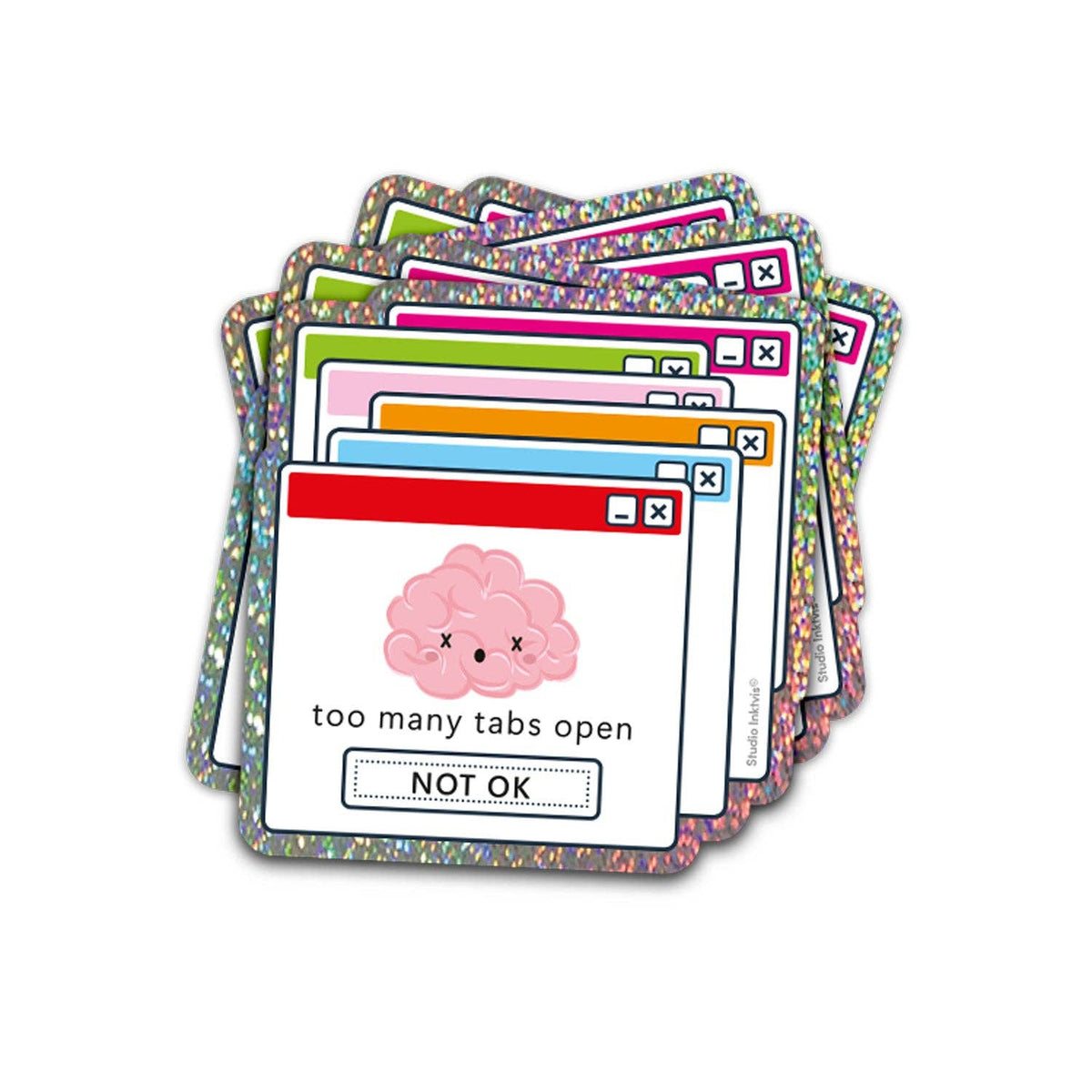 Glitter sticker set: stacked computer window icons, pink cloud, 'too many tabs open'
