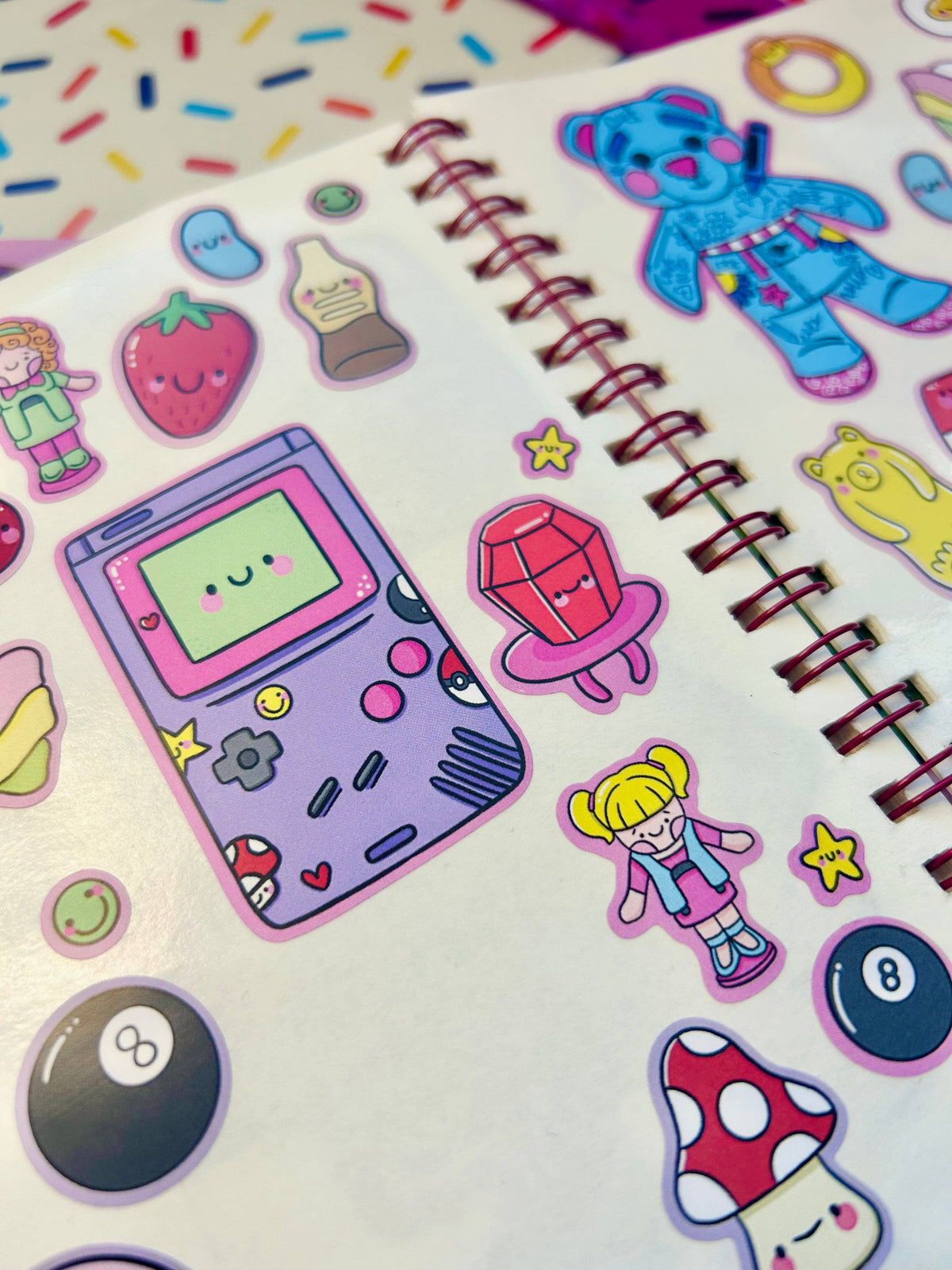 Vinyl sticker sheet with 90s game controller, watermelon, mushrooms, and character stickers