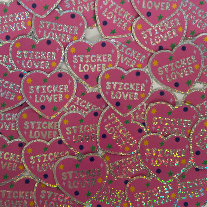 Sheet of heart stickers, glitter borders, purple 'STICKER LOVER' text