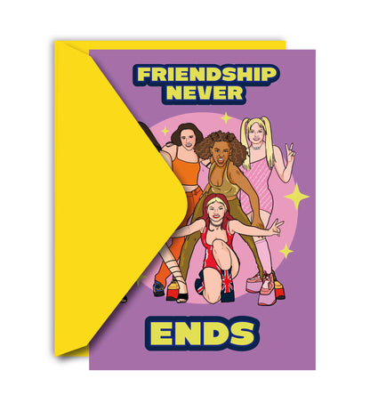 Purple birthday card with "FRIENDSHIP NEVER ENDS" friends graphic, yellow envelope corner