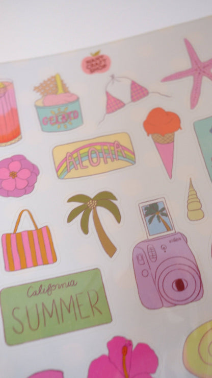 Close-up of an A5 summer sticker sheet with ice cream, camera, palm tree, and text