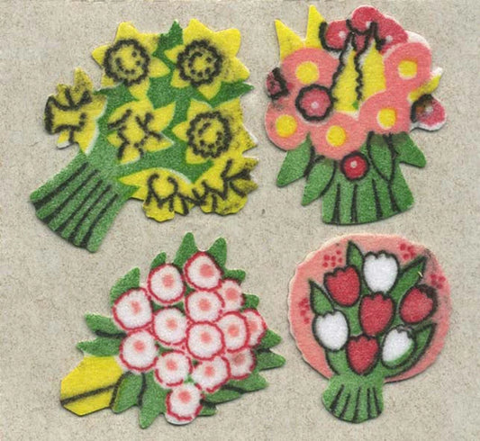 Fuzzy floral posies sticker roll, colorful flower bunches in green, yellow, pink, red