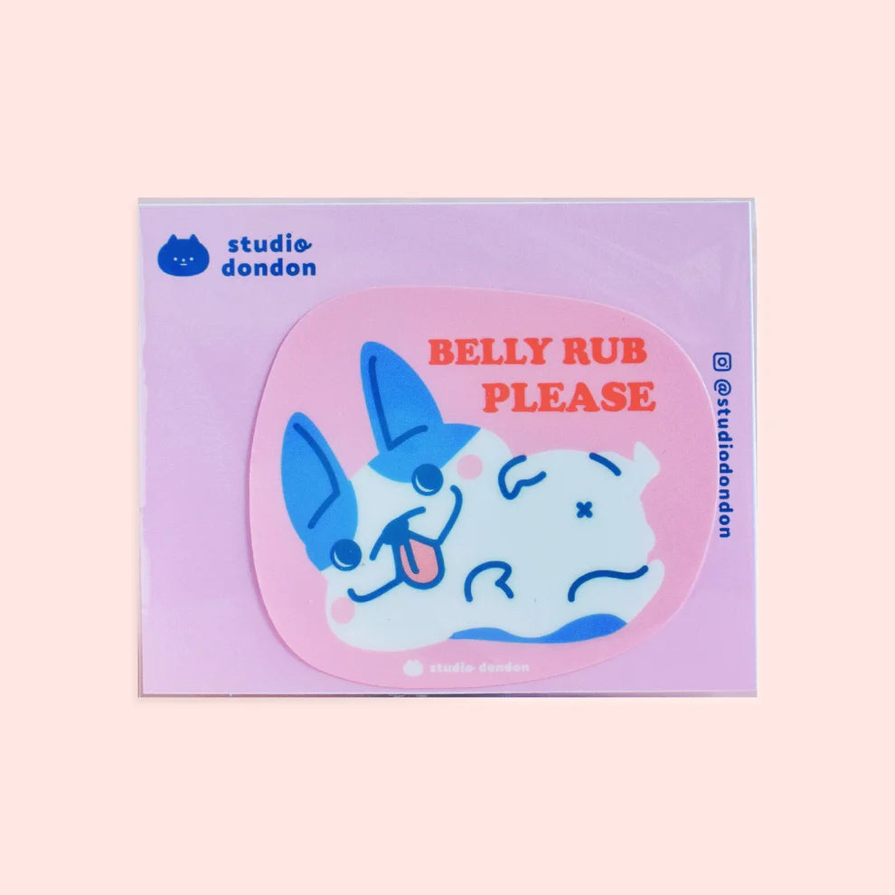 Vinyl sticker: blue-and-white French bulldog with 'BELLY RUB PLEASE' text