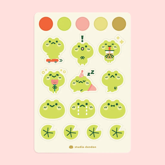 Vinyl sticker sheet with cute green frog character faces and bodies