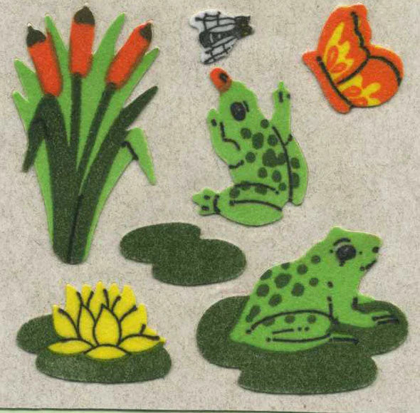 Frog and lilypad sticker roll, fuzzy finish, green spotted frogs and lily pads