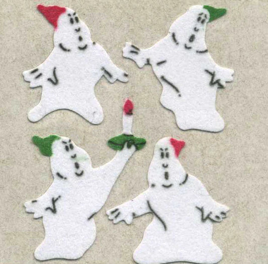 Fuzzy white ghost stickers with red and green hats, cartoon faces