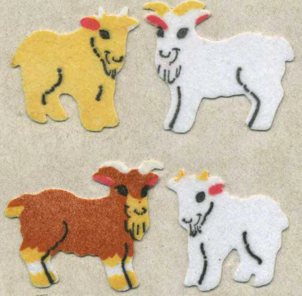 Fuzzy finish goat stickers, yellow and white with black accents, plus brown goat pairs