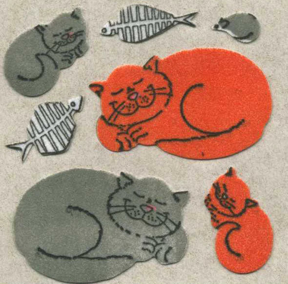 Fuzzy cat sticker set with orange and gray happy cats and fish shapes