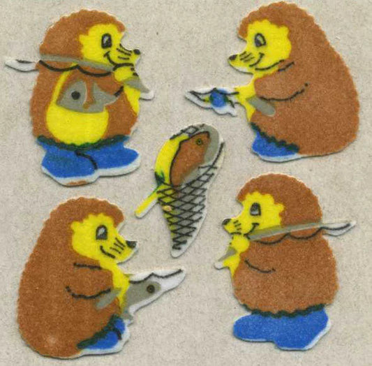 Fuzzy fishing hedgehog sticker roll, brown hedgehogs with yellow faces and blue feet