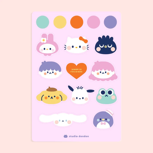 Sanrio Friends vinyl sticker sheet with cute pastel animal faces and hearts