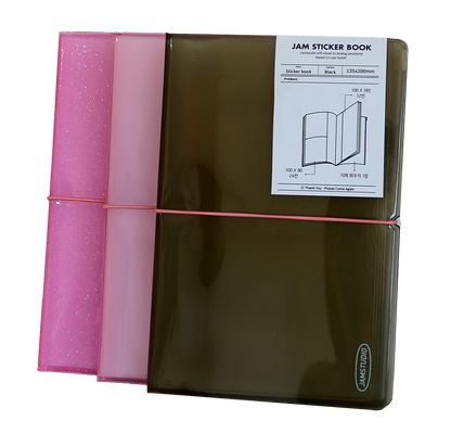 Glitter pink sticker book with sleeves and product label on the cover
