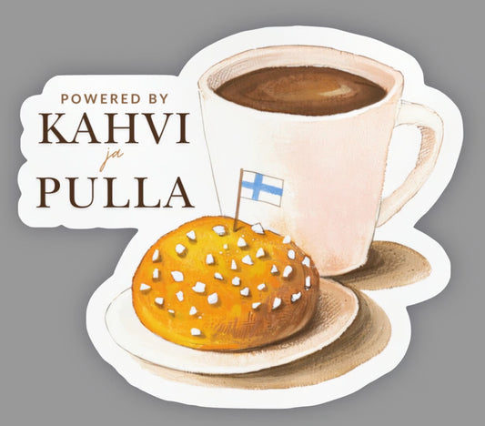 Coffee and pastry sticker with Finnish flag, cup and Kahvi ja Pulla text
