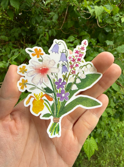 Vinyl flower sticker with mixed purple, white and yellow blossoms and green leaves