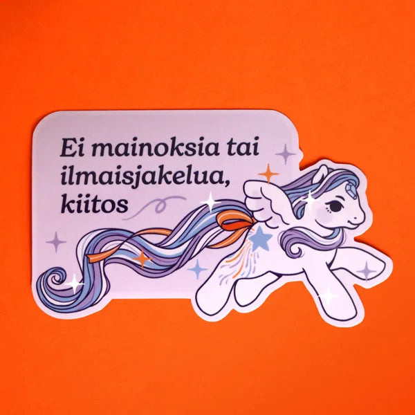 Large vinyl sticker pony with purple mane and Finnish text on light purple panel