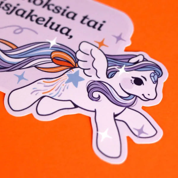 Large vinyl sticker pony close-up with purple mane, stars and Finnish text