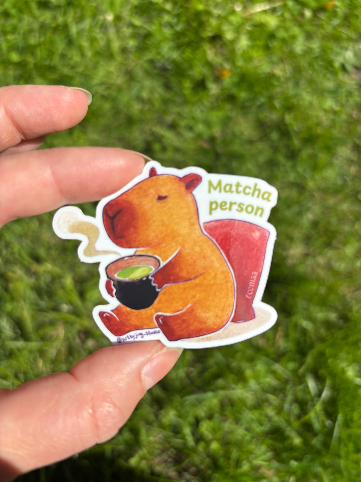 Vinyl sticker of capybara holding green matcha with “Matcha person” text