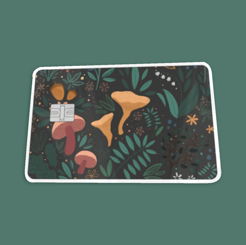 Credit card sticker with illustrated mushrooms and card icon, botanical design